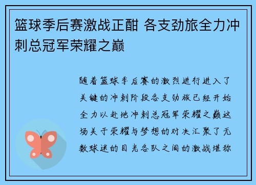 篮球季后赛激战正酣 各支劲旅全力冲刺总冠军荣耀之巅
