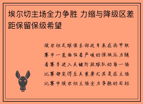 埃尔切主场全力争胜 力缩与降级区差距保留保级希望
